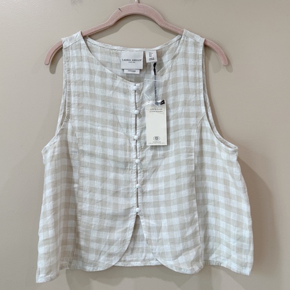 Laura Ashley Tops - Laura Ashley NWT Women’s L Beige Gingham 100% Linen Sleeveless Button-Up Vest